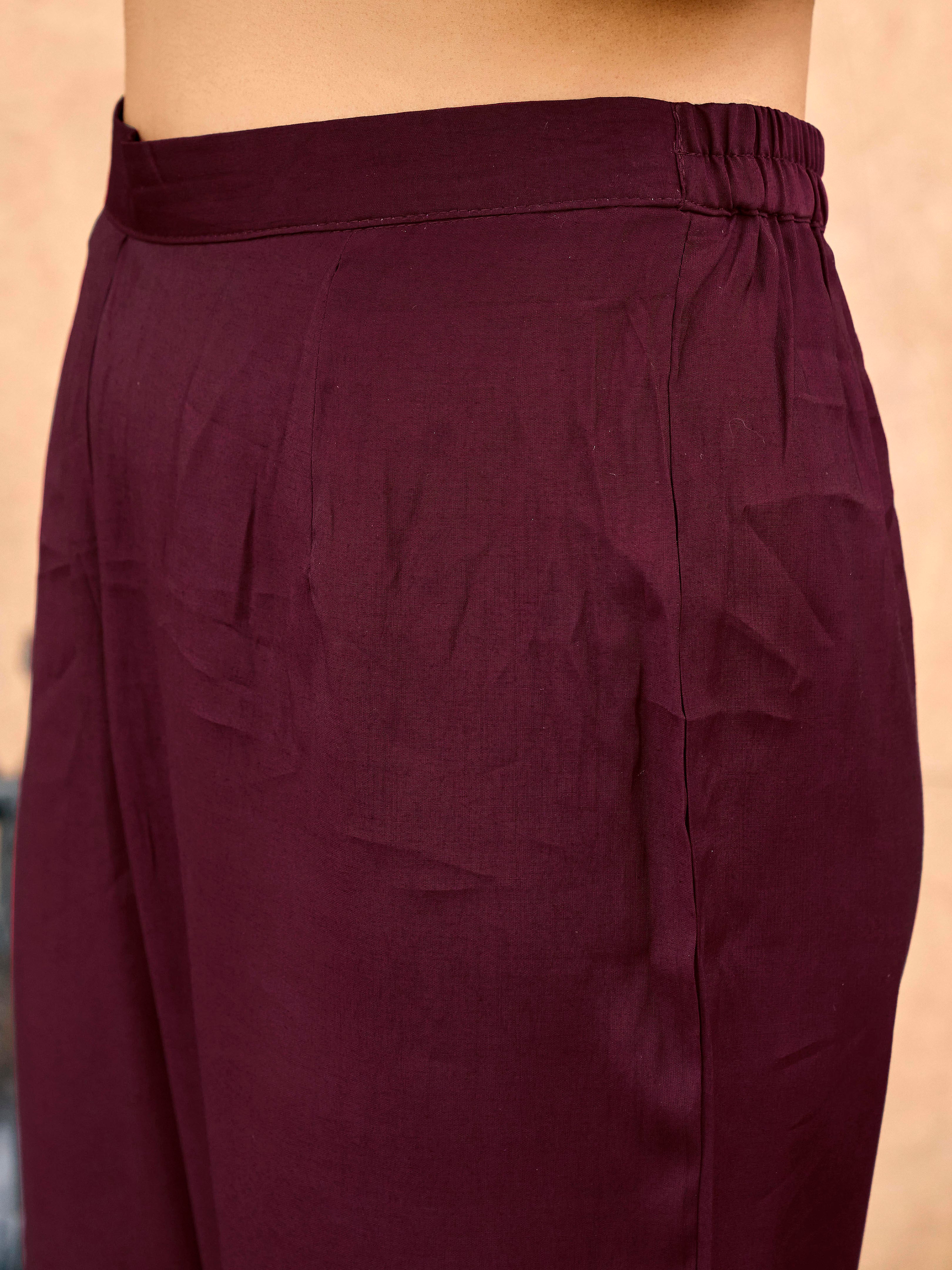 Burgundy color silk blend with off white thread embroidered kurta & trouser with dupatta set